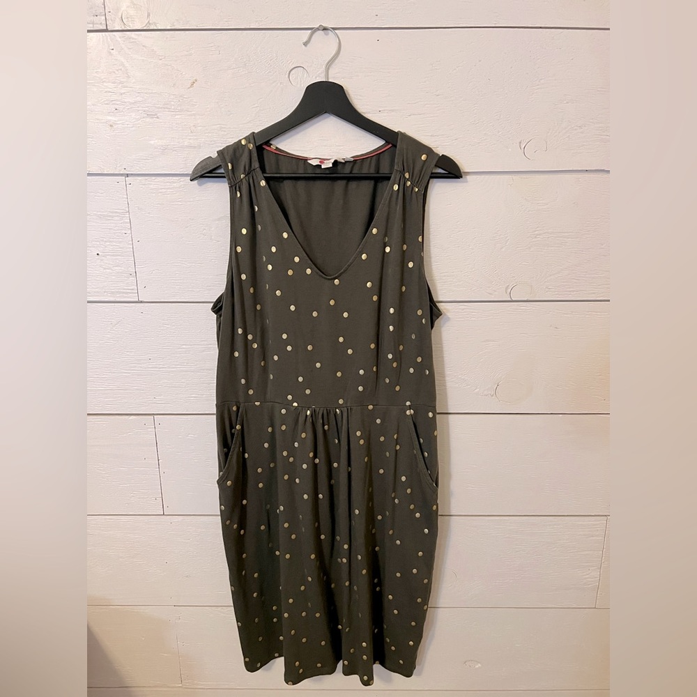 Boden sleeveless dress, pockets, green with gold dots, size 14